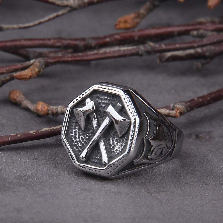 Crossed Battleaxe Ring - Stainless Steel Crossed Battleaxe Ring - Stainless Steel