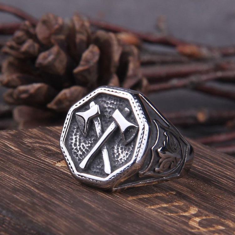 Crossed Battleaxe Ring - Stainless Steel Crossed Battleaxe Ring - Stainless Steel