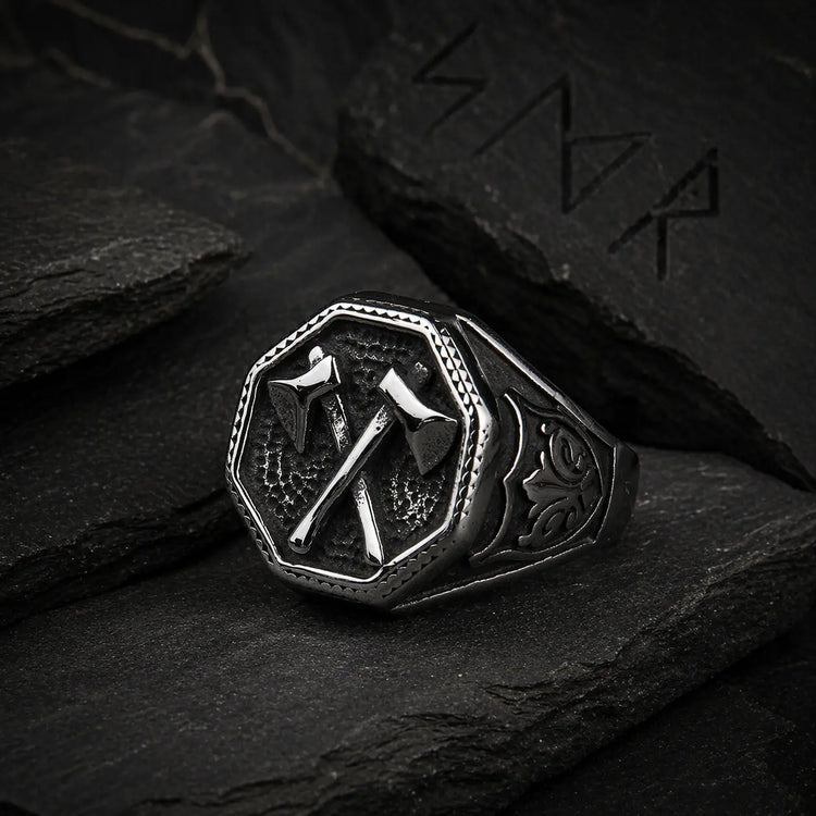 Crossed War Axe Ring - Stainless Steel