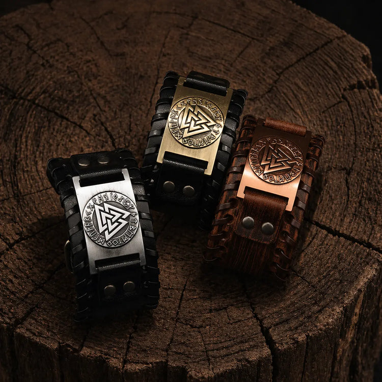 Adjustable leather bracelet - Valknut® symbol