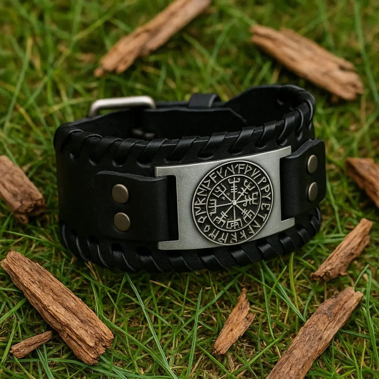Leather Bracelet Black - Rune Viking