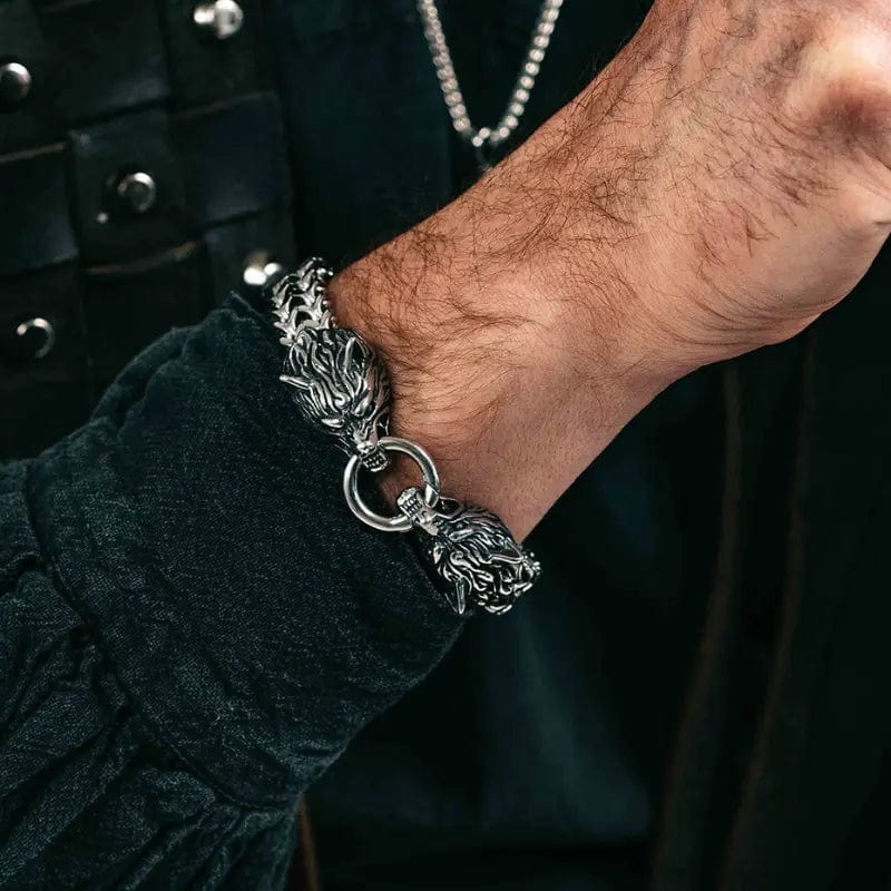 Viking Fenrir Snake Head Cuff Bangle Bracelet – Stainless Steel, Men's 8 Inch