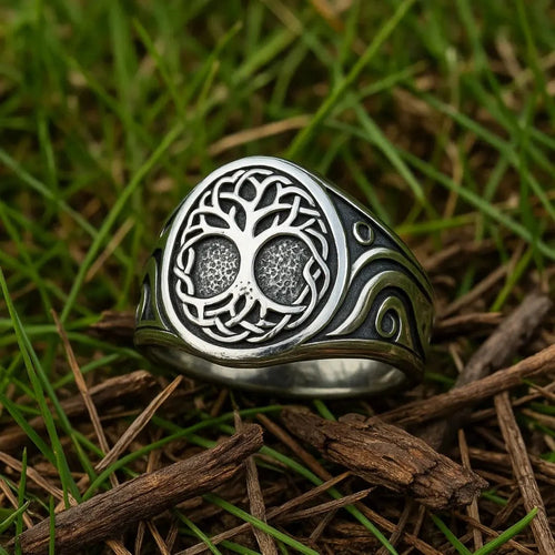 Bague symbolique Chevalière viking "La Racine des Neuf Mondes" - Odins Hall