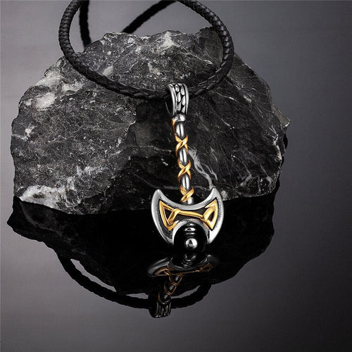 collier Collier Viking - Hache Viking Dorée Collier de Cuir - Odins Hall