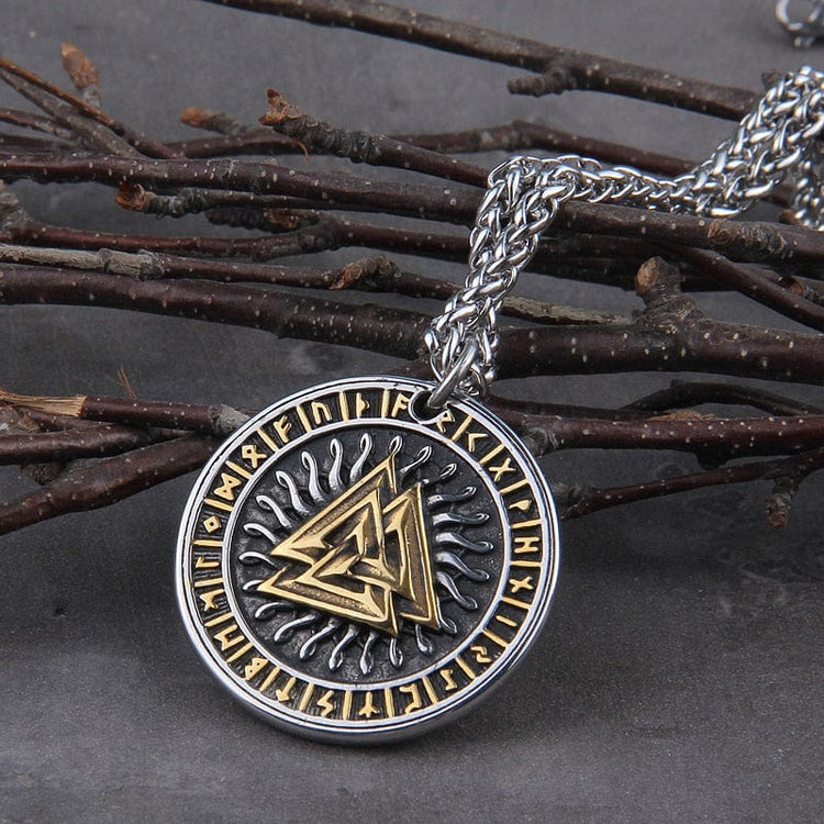 Viking Necklace \"Runic and Valknut Sun Pendant